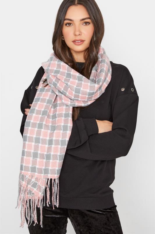 Plus Size Pink Square Check Tassel Scarf | Yours Clothing 1
