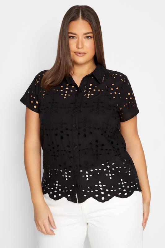  Grande Taille LTS Tall Black Broderie Anglaise Short Sleeve Shirt