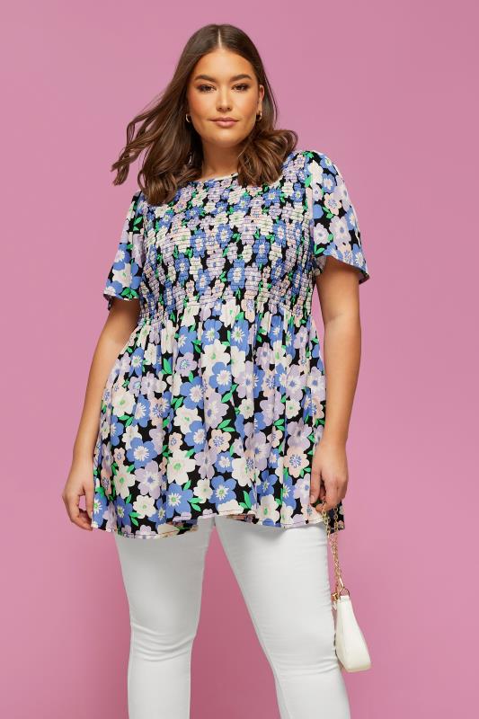  Grande Taille YOURS Curve Blue Floral Print Shirred Top