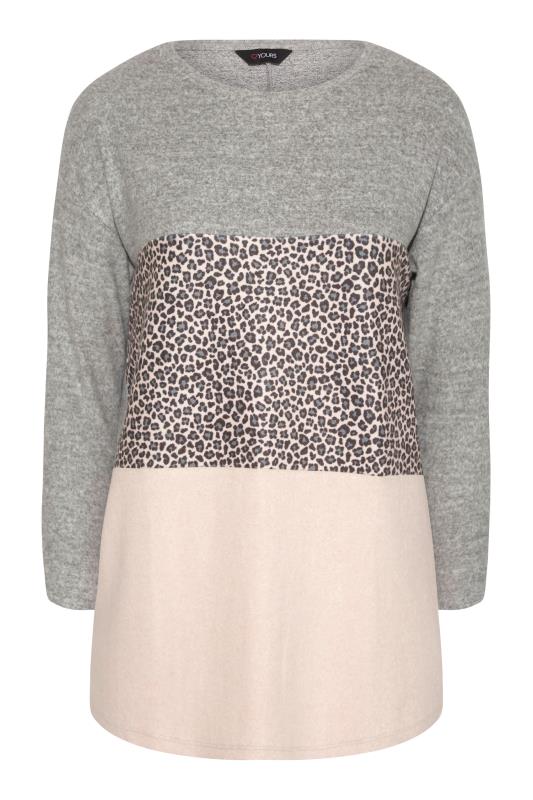 Plus Size Curve Grey Leopard Print Colour Block Soft Touch Top | Yours Clothing 6