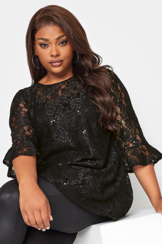 YOURS Plus Size Black Lace Sequin Embellished Swing Top | Yours Clothing 4