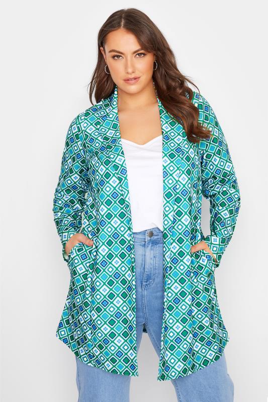 LIMITED COLLECTION Plus Size Green Retro Geometric Print Blazer | Yours Clothing 1