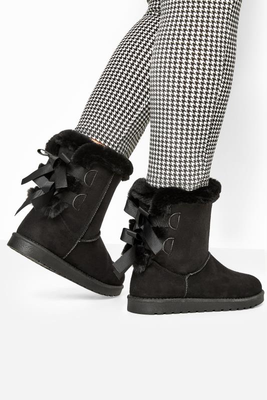 Black Vegan Suede Bow Detail Boots In Extra Wide EEE Fit 1