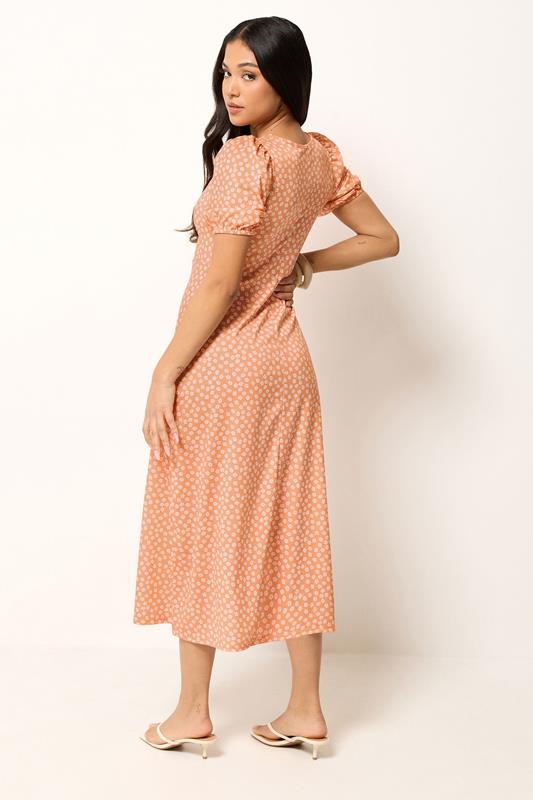 PixieGirl Petite Women's Orange Floral Ruched Midi Dress | PixieGirl 2