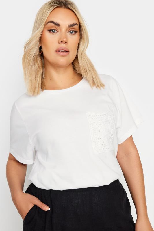 YOURS Plus Size White Crochet Pocket T-Shirt | Yours Clothing 4