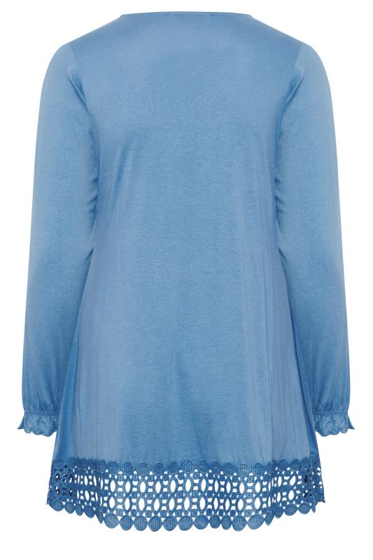 YOURS Plus Size Curve Blue Crochet Long Sleeve Tunic Top | Yours Clothing 6