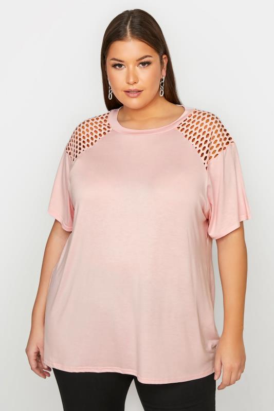 Plus Size LIMITED COLLECTION Pink Fishnet Raglan Sleeve T-Shirt | Yours Clothing 1
