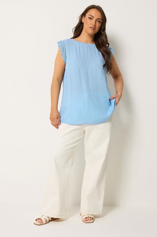 Yours Plus Size Blue Crochet Trim Crinkle Top | Yours Clothing 1