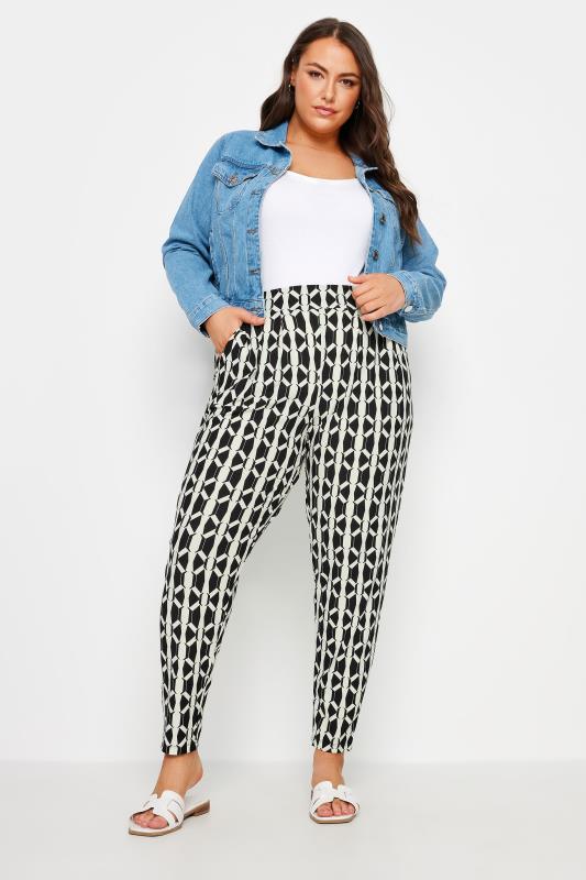 YOURS Curve Black Geometric Print Double Pleat Harem Trousers | Yours Clothing 2