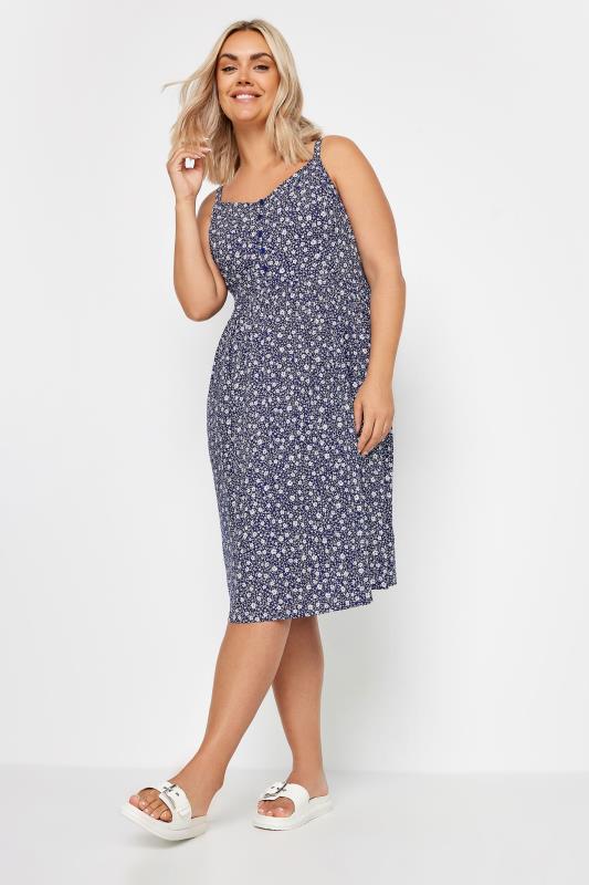 YOURS Plus Size Navy Blue Ditsy Floral Print Strappy Sundress | Yours Clothing 2