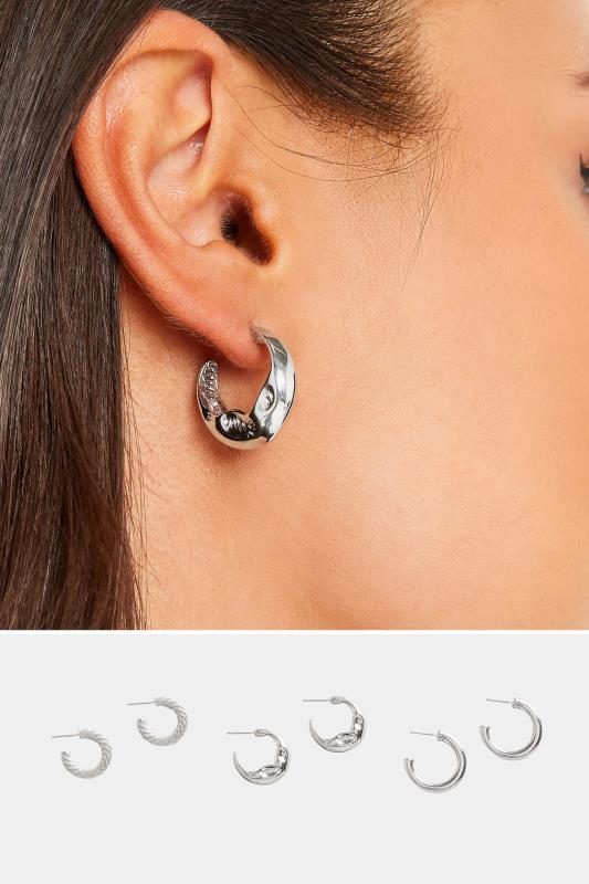  Grande Taille 3 PACK Silver Tone Textured Hoop Earrings Set