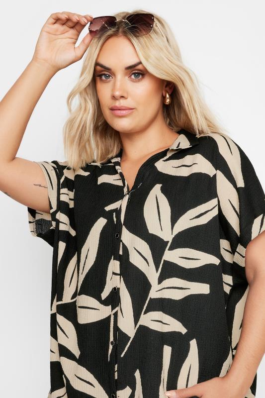 YOURS Plus Size Black Leaf Print Crinkle Short Sleeve Shirt | Yours Clothing 4