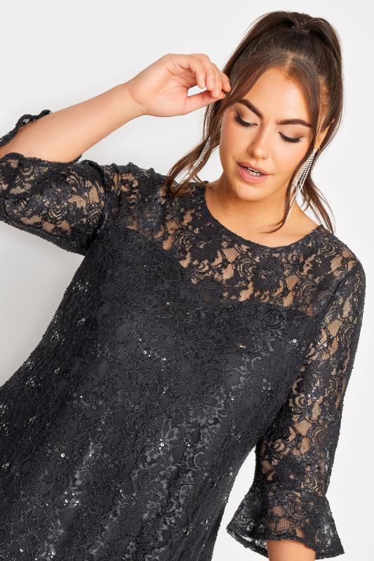 YOURS Plus Size Black Lace Sequin Embellished Swing Dress | Yours Clothing 4