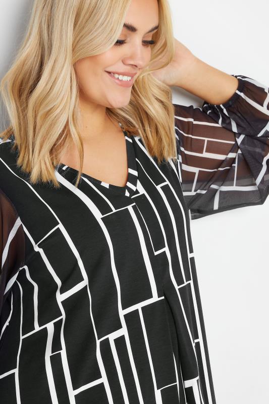 YOURS Plus Size Black Geometric Print Mesh Sleeve Top | Yours Clothing 4