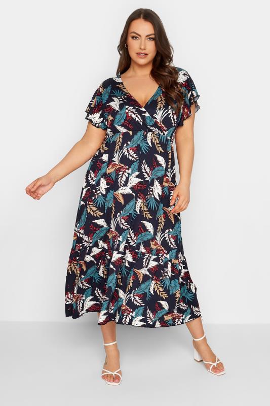 YOURS Plus Size Navy Blue Leaf Print Frill Sleeve Wrap Maxi Dress | Yours Clothing 1