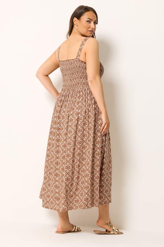 YOURS Plus Size Brown Geometric Shirred Sundress | Yours Clothing 2
