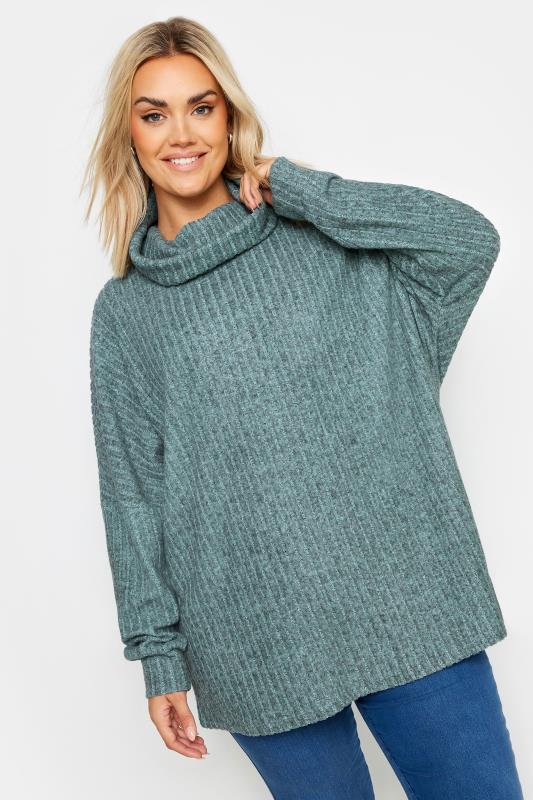 YOURS Plus Size Blue Soft Touch Ribbed Turtle Neck jumper | Yours Clothing 2