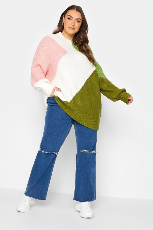 Curve Plus Size Green & Pink Colourblock Knitted Jumper | Yours Clothing  2