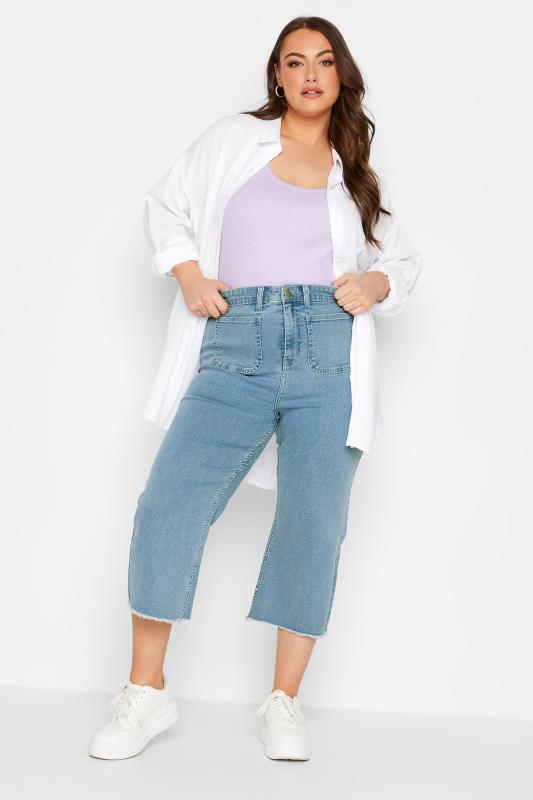 YOURS Plus Size Light Blue Front Pocket Cropped Wide Leg Jeans | Yours Clothing 2