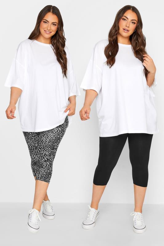  Grande Taille YOURS 2 PACK Curve Black Animal Print Cropped Leggings