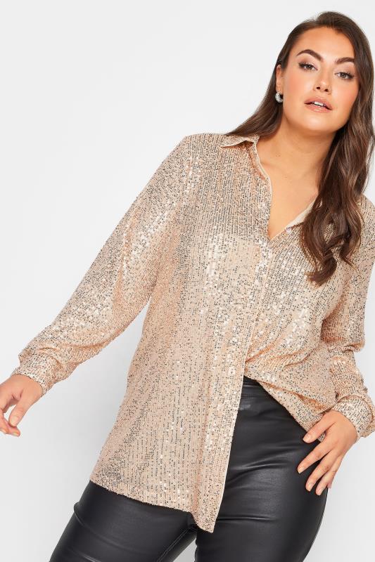 YOURS LONDON Plus Size Gold Sequin Embellished Shirt | Yours Clothing 3