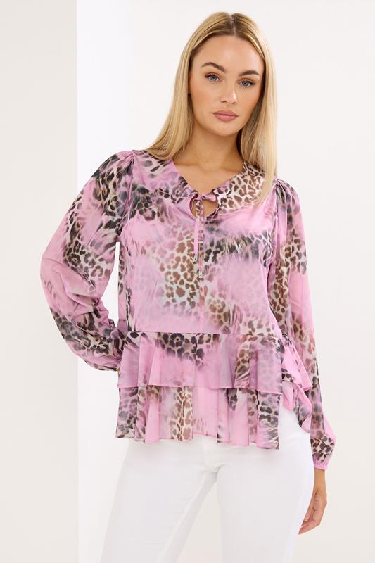  STAR Blouse rose à imprimé animal et ourlet volanté