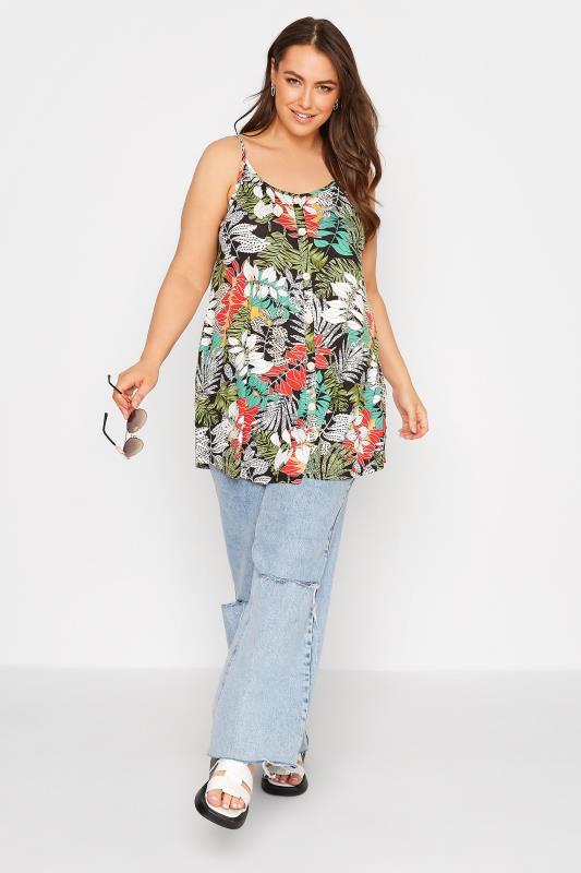 Plus Size Black Tropical Print Button Through Cami Top | Yours Clothing  2