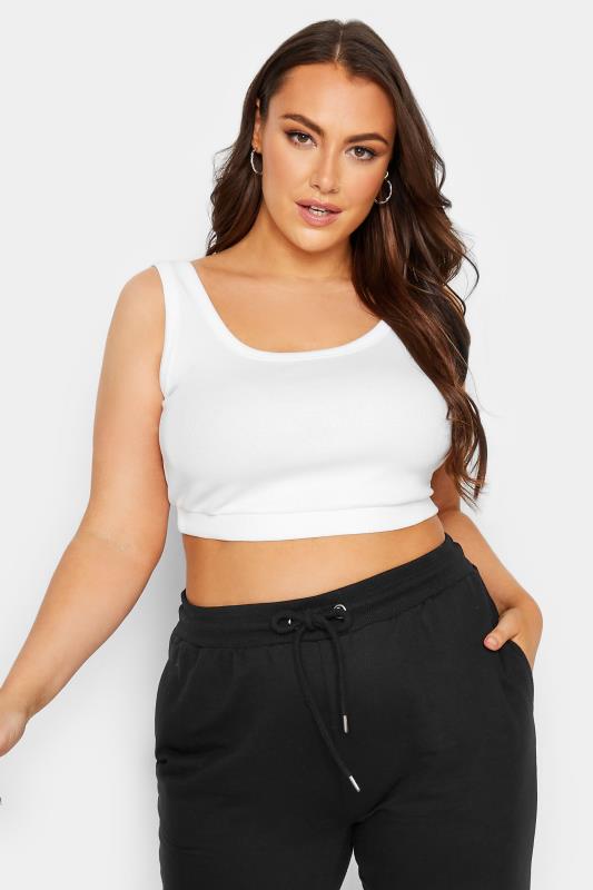 YOURS Plus Size White Ribbed Crop Top | Yours Clothing  1