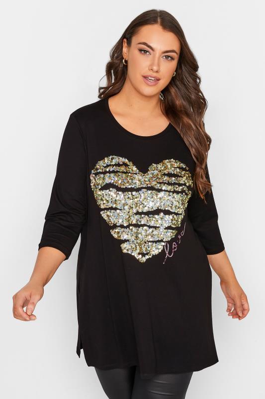 YOURS LUXURY Plus Size Black Love Heart Sequin Embellished Top | Yours Clothing 2