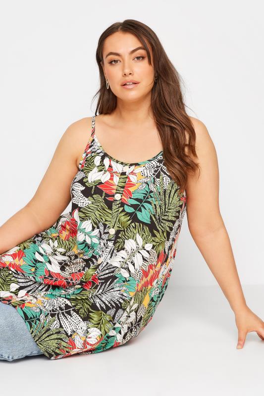 Plus Size Black Tropical Print Button Through Cami Top | Yours Clothing  4