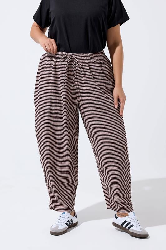 LIMITED COLLECTION Plus Size Pink Gingham Crinkle Wide Leg Trousers | Yours Clothing 1