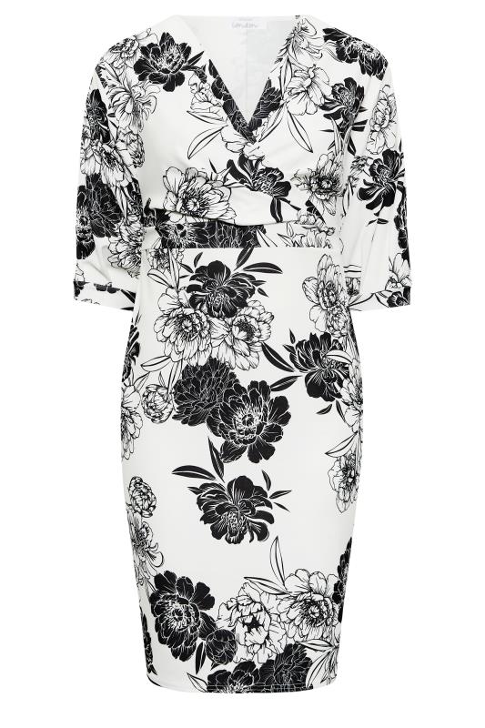 YOURS LONDON Curve Plus Size White & Black Floral V-Neck Drop Shoulder Wrap Dress | Yours Clothing  6