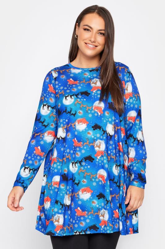  Grande Taille YOURS Curve Blue Christmas Night Print Tunic Top