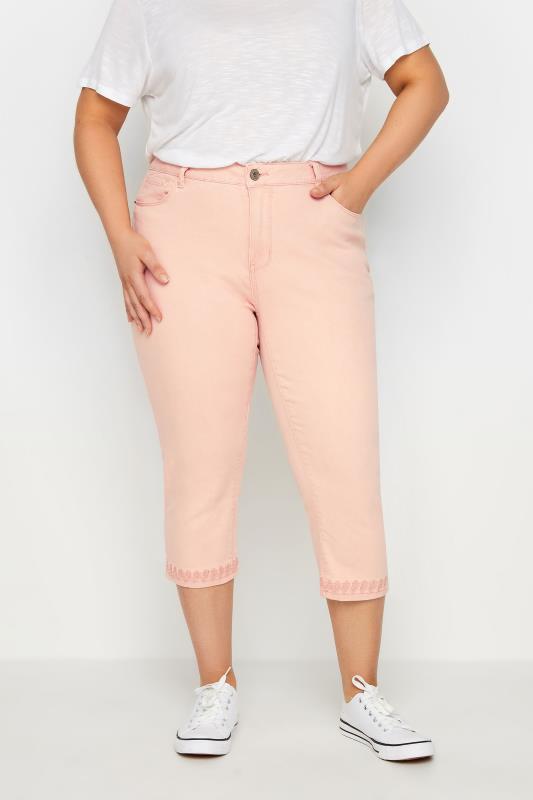 Plus Size  Evans Pale Pink Embroided Crop Jeans