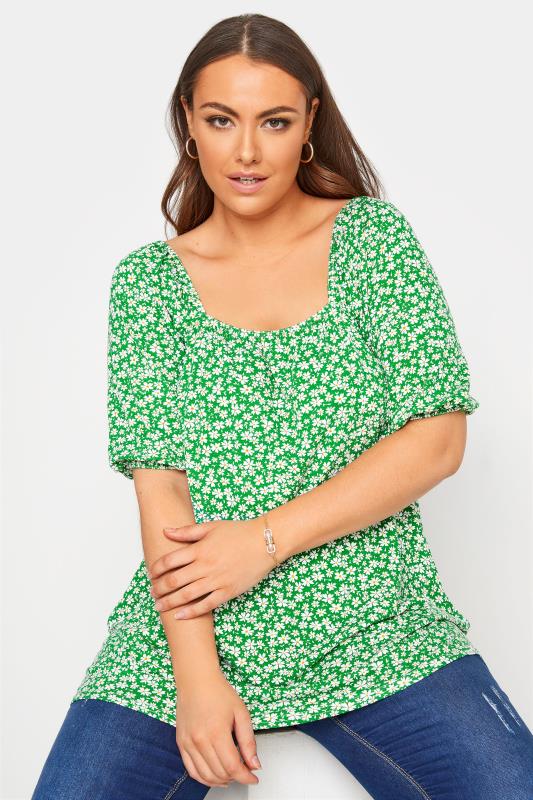 LIMITED COLLECTION Curve Bright Green Daisy Print Square Neck Top 4