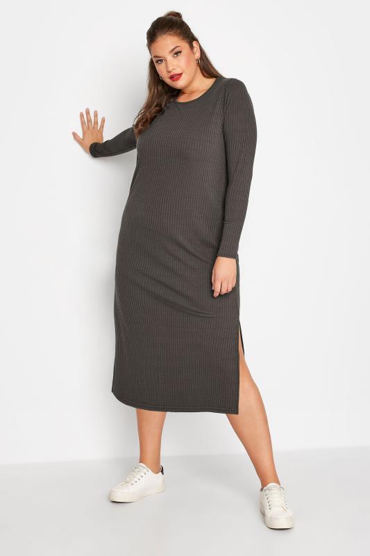 LIMITED COLLECTION Plus Size Charcoal Grey Ribbed Dress | Yours Clothing 1