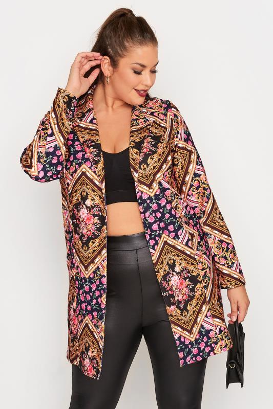 YOURS Curve Navy Blue & Brown Floral Scarf Print Blazer | Yours Clothing  1