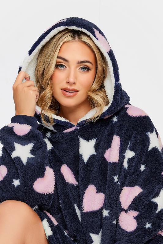 YOURS Plus Size Dark Blue Heart Print Snuggle Hoodie | Yours Clothing 5