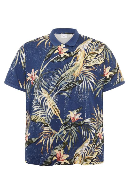 Plus Size  JACK & JONES Navy Tropical Print Polo Shirt