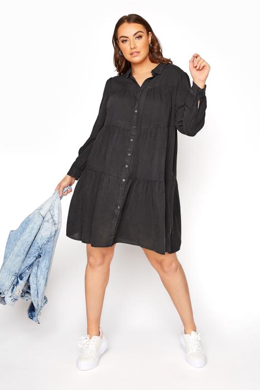 LIMITED COLLECTION Curve Black Washed Denim Look Tiered Shirt Dress 2