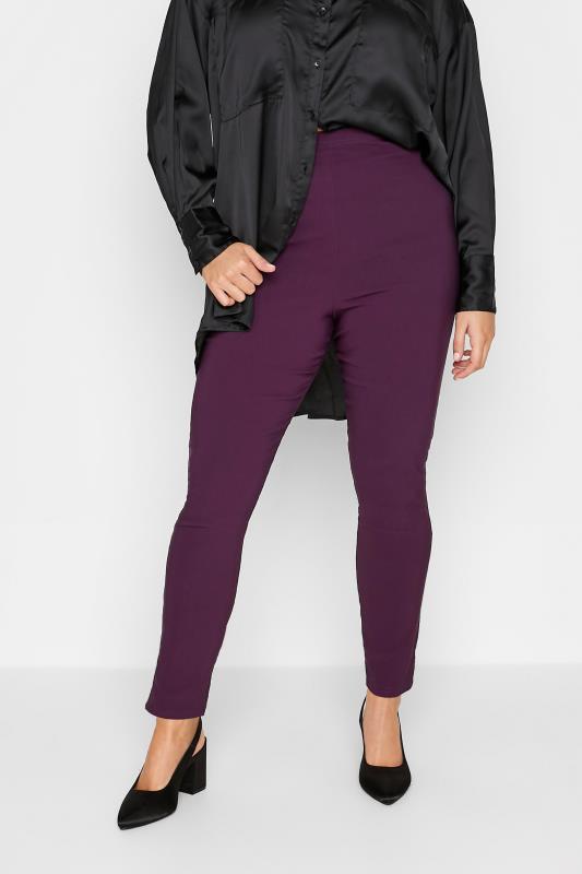 Curve Plus Size Dark Purple Bengaline Pull On Stretch Trousers - Petite | Yours Clothing  1