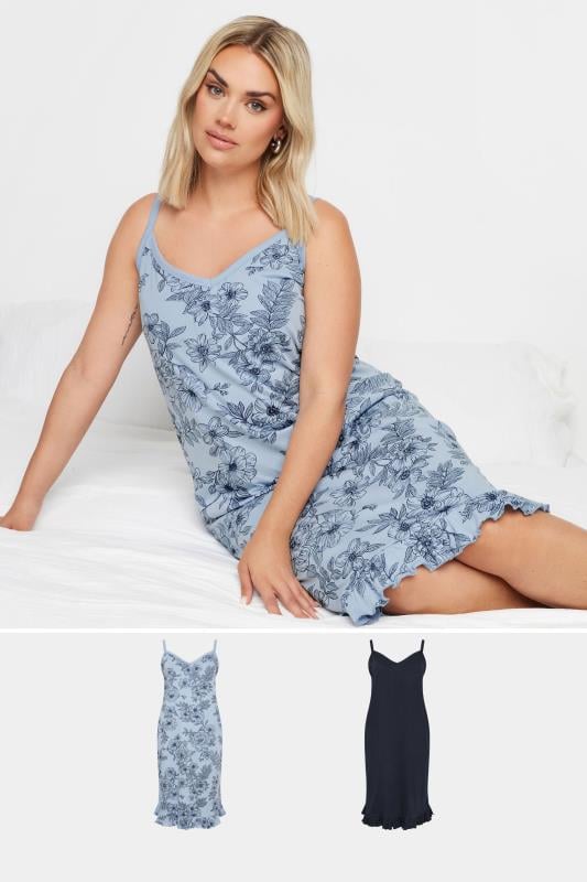  Tallas Grandes YOURS Curve 2 PACK Blue Floral Print Chemise Nightdresses