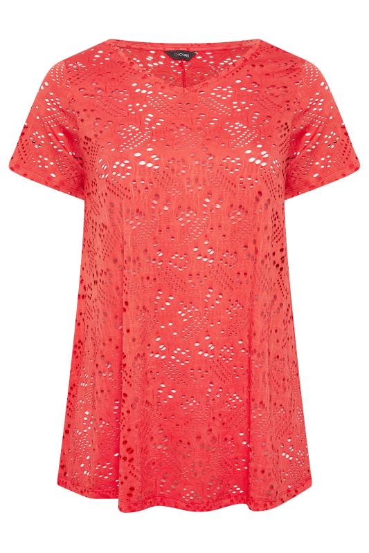 YOURS Curve Plus Size Red Broderie Anglaise Swing V-Neck T-Shirt ...