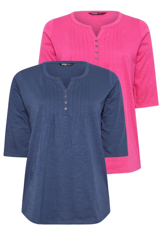 2 PACK Blue & Pink Pintuck Henley Tops | Yours Clothing  8
