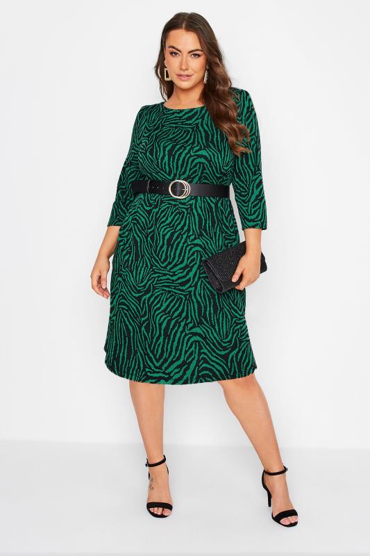 YOURS LONDON Plus Size Green Zebra Print Jacquard Knitted Pocket Dress | Yours Clothing 2