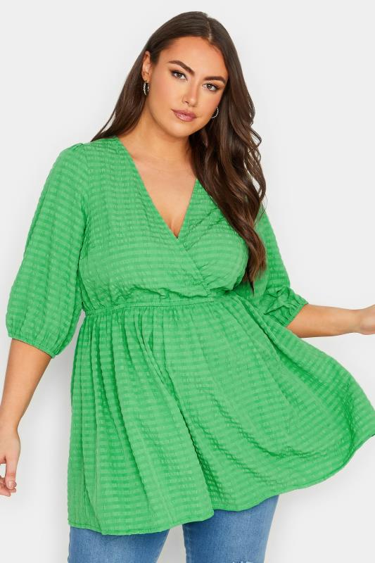 YOURS Curve Plus Size Green Textured Wrap Top | Yours Clothing  1