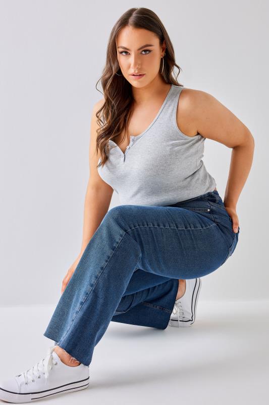 Plus Size Mid Blue Stretch Wide Leg Jeans | Yours Clothing  1