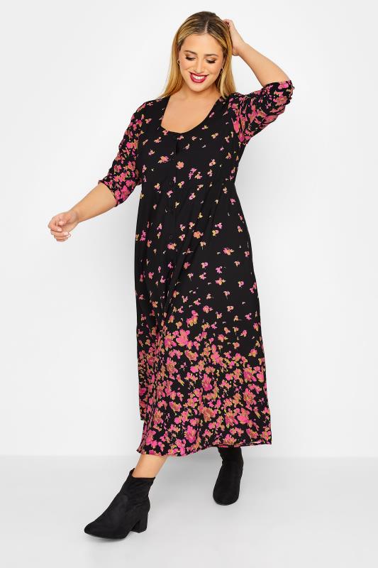 LIMITED COLLECTION Plus Size Black & Pink Floral Tea Dress | Yours Clothing 1