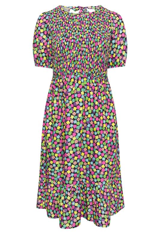 LIMITED COLLECTION Plus Size Black Rainbow Floral Print Shirred Midaxi Dress | Yours Clothing 5