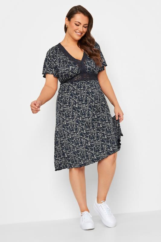 YOURS Plus Size Navy Blue Leaf Print Lace Detail Dress | Yours Clothing 1